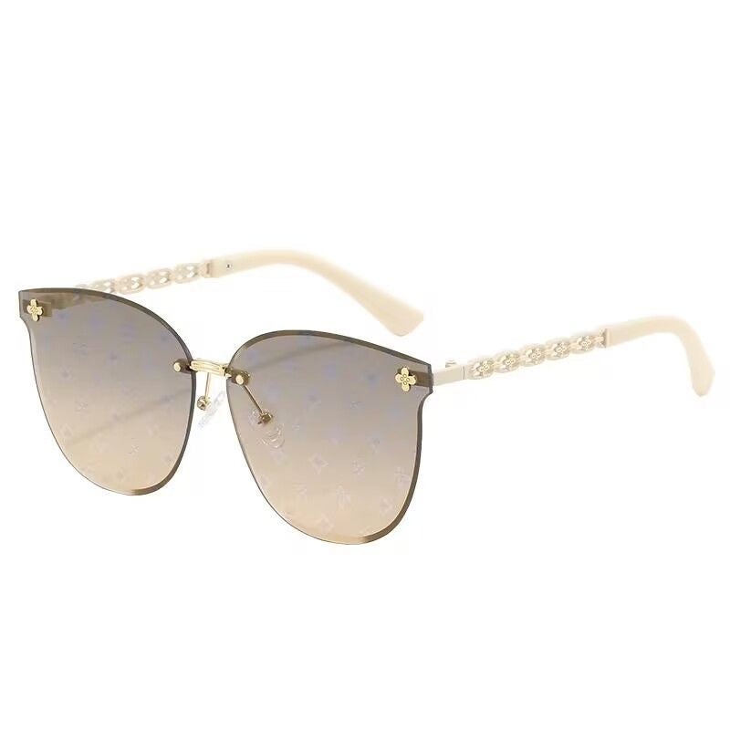 【#A528】Rimless Chain Temple Gradient Print Sunglasses, Women Slim UV Protection Shades