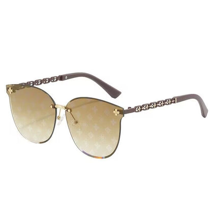 【#A528】Rimless Chain Temple Gradient Print Sunglasses, Women Slim UV Protection Shades