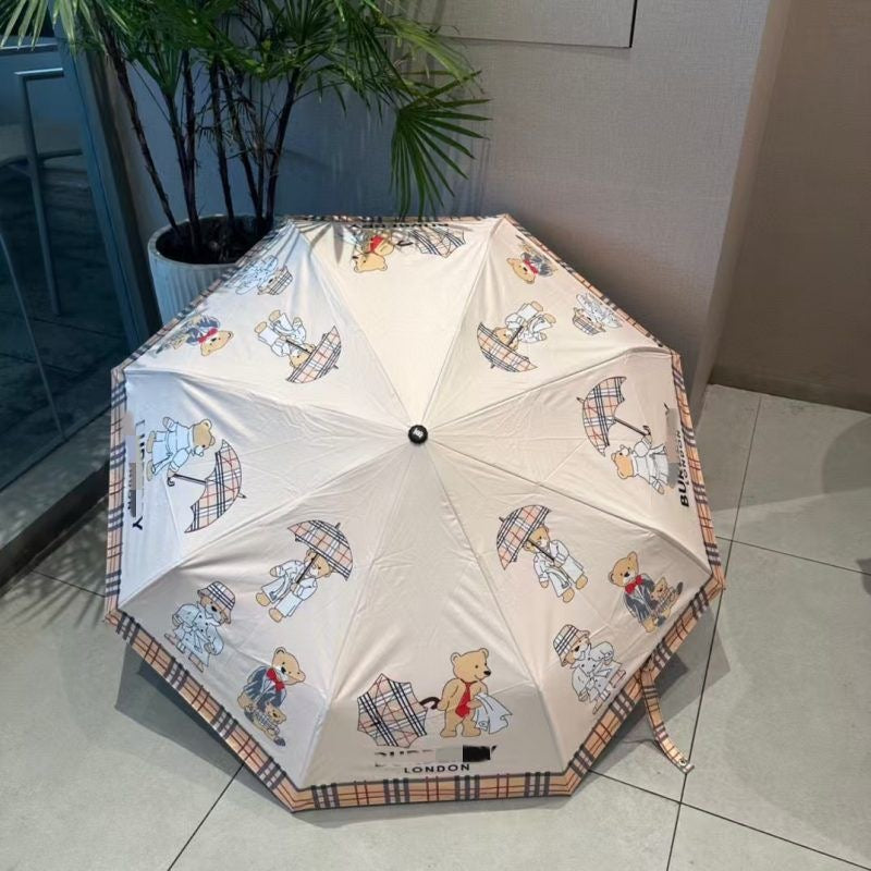 Auto Open Close Folding Umbrella Women Black Coating UV Protection Sun Umbrella Vintage Plaid Bear Floral Print Windproof Portable Rain Parasol