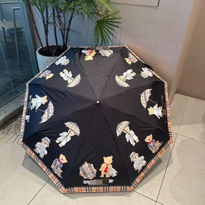 Auto Open Close Folding Umbrella Women Black Coating UV Protection Sun Umbrella Vintage Plaid Bear Floral Print Windproof Portable Rain Parasol