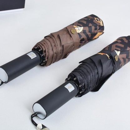 【#A534】Auto Open Close Folding Sun Rain Umbrella Vintage Geometric Chain Print Black Coating Windproof Portable Parasol
