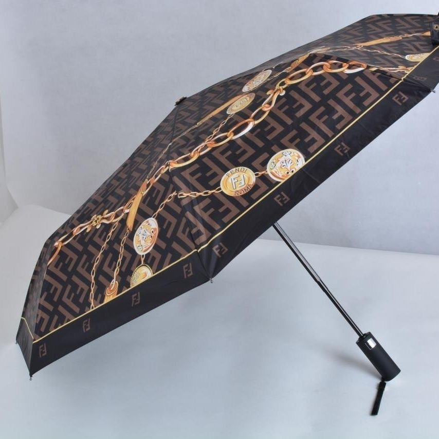 【#A534】Auto Open Close Folding Sun Rain Umbrella Vintage Geometric Chain Print Black Coating Windproof Portable Parasol