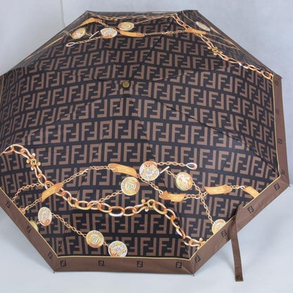 【#A534】Auto Open Close Folding Sun Rain Umbrella Vintage Geometric Chain Print Black Coating Windproof Portable Parasol