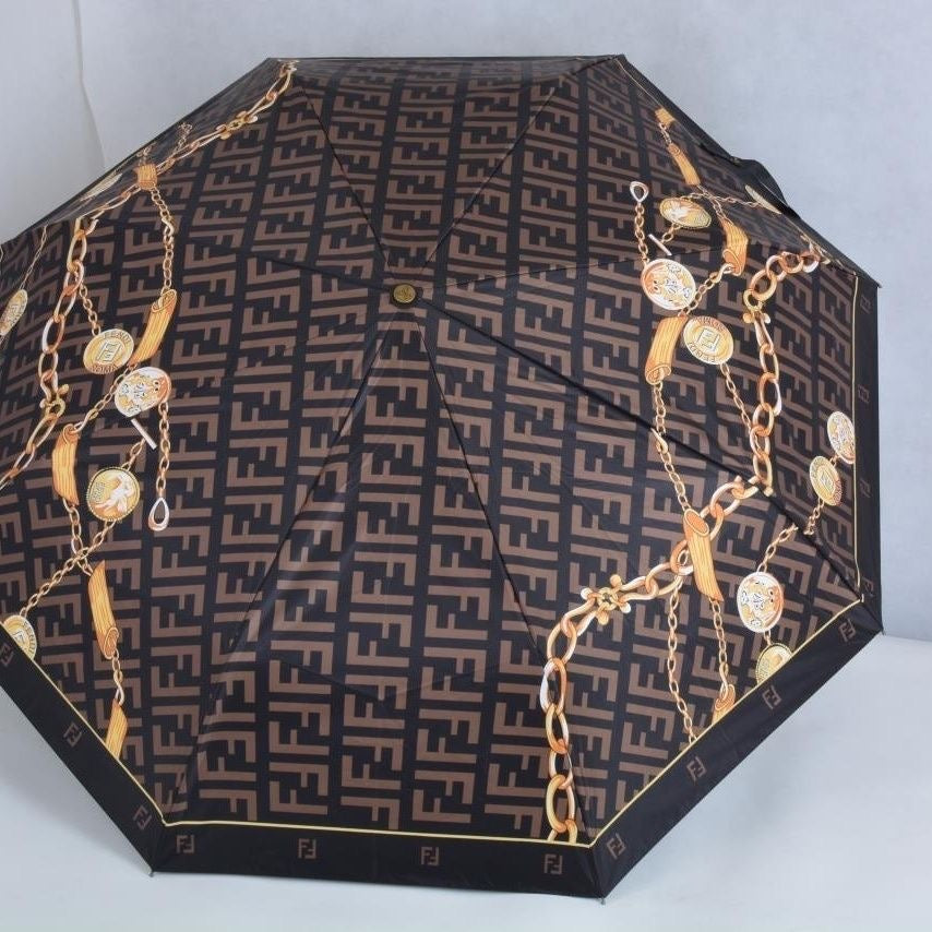 【#A534】Auto Open Close Folding Sun Rain Umbrella Vintage Geometric Chain Print Black Coating Windproof Portable Parasol