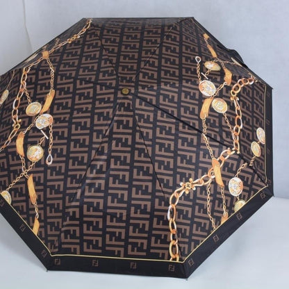 【#A534】Auto Open Close Folding Sun Rain Umbrella Vintage Geometric Chain Print Black Coating Windproof Portable Parasol