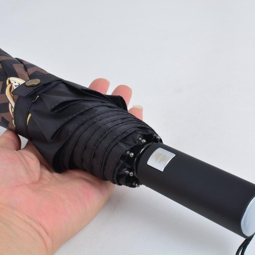 【#A534】Auto Open Close Folding Sun Rain Umbrella Vintage Geometric Chain Print Black Coating Windproof Portable Parasol