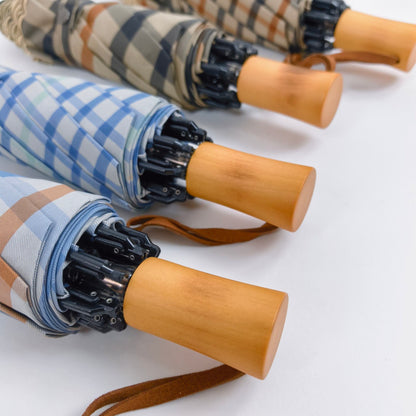 【#A535】Classic Plaid Folding Umbrella Natural Wooden Handle Windproof Rain Sun Parasol Portable Travel Umbrella For Women Men