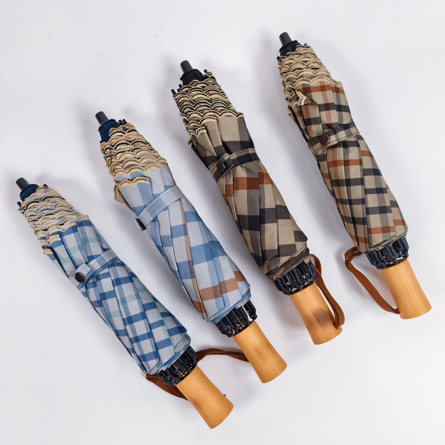 【#A535】Classic Plaid Folding Umbrella Natural Wooden Handle Windproof Rain Sun Parasol Portable Travel Umbrella For Women Men