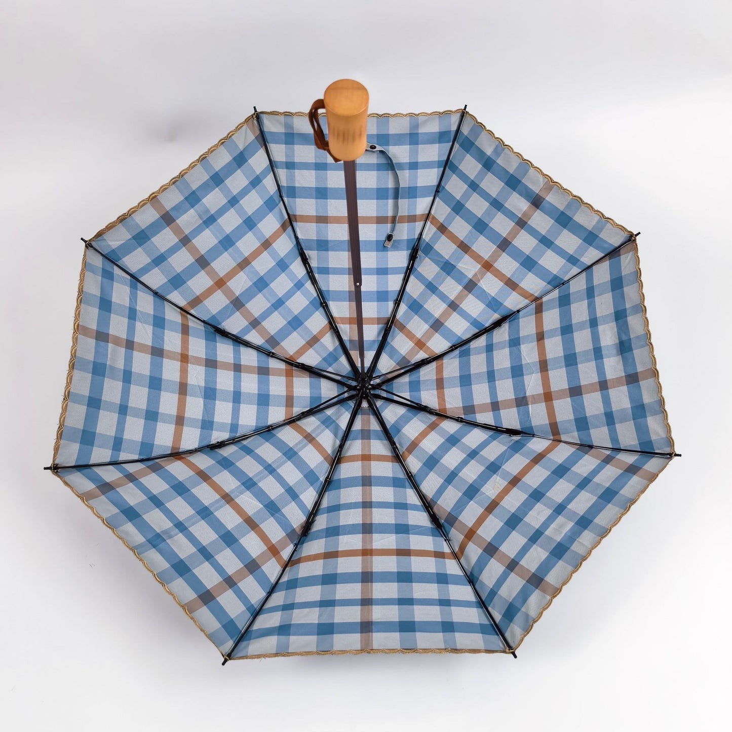 【#A535】Classic Plaid Folding Umbrella Natural Wooden Handle Windproof Rain Sun Parasol Portable Travel Umbrella For Women Men