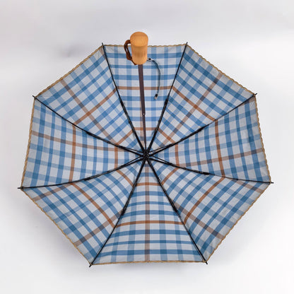 【#A535】Classic Plaid Folding Umbrella Natural Wooden Handle Windproof Rain Sun Parasol Portable Travel Umbrella For Women Men