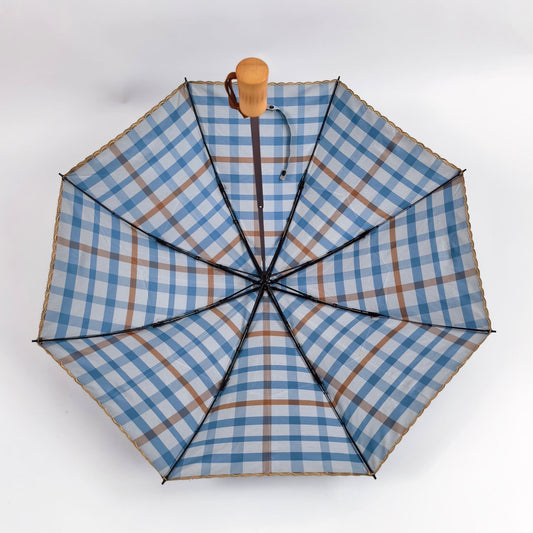 【#A535】Classic Plaid Folding Umbrella Natural Wooden Handle Windproof Rain Sun Parasol Portable Travel Umbrella For Women Men