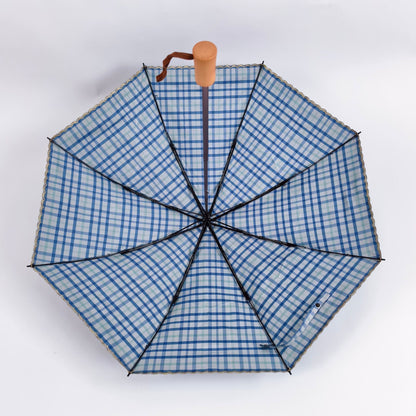 【#A535】Classic Plaid Folding Umbrella Natural Wooden Handle Windproof Rain Sun Parasol Portable Travel Umbrella For Women Men