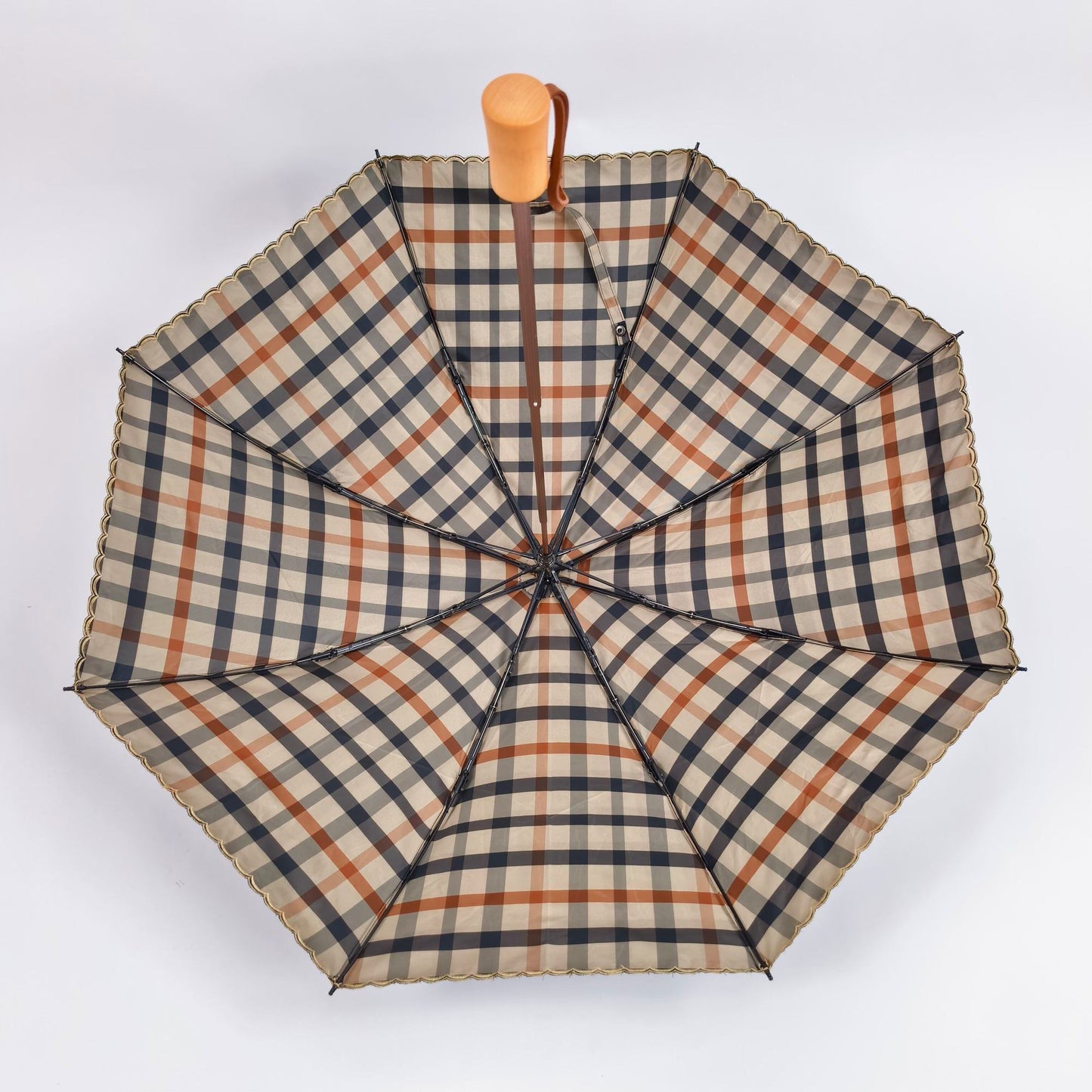 【#A535】Classic Plaid Folding Umbrella Natural Wooden Handle Windproof Rain Sun Parasol Portable Travel Umbrella For Women Men