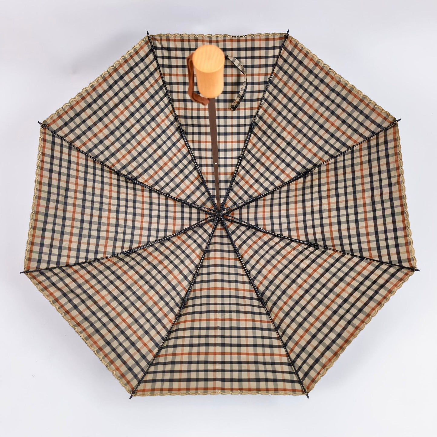【#A535】Classic Plaid Folding Umbrella Natural Wooden Handle Windproof Rain Sun Parasol Portable Travel Umbrella For Women Men