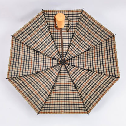 【#A535】Classic Plaid Folding Umbrella Natural Wooden Handle Windproof Rain Sun Parasol Portable Travel Umbrella For Women Men