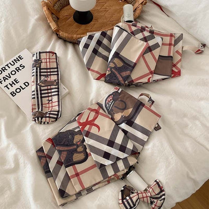 【#A536】Auto Open Close Folding Sun Rain Umbrella Cute Bear Bow Plaid Print Black Coating Windproof Portable Ladies Travel Parasol