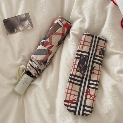 【#A536】Auto Open Close Folding Sun Rain Umbrella Cute Bear Bow Plaid Print Black Coating Windproof Portable Ladies Travel Parasol