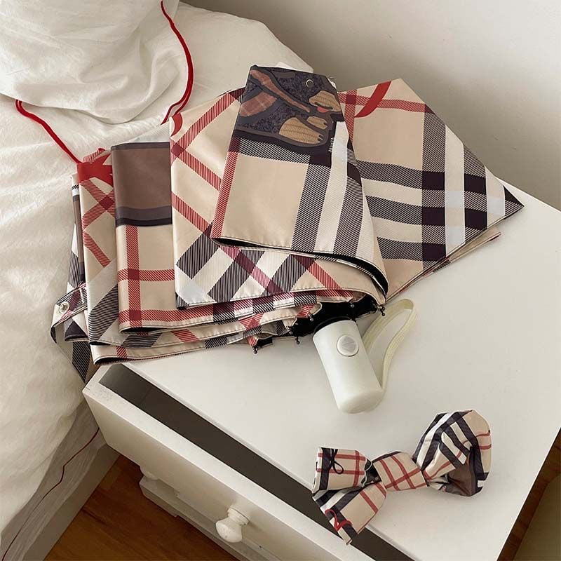 【#A536】Auto Open Close Folding Sun Rain Umbrella Cute Bear Bow Plaid Print Black Coating Windproof Portable Ladies Travel Parasol