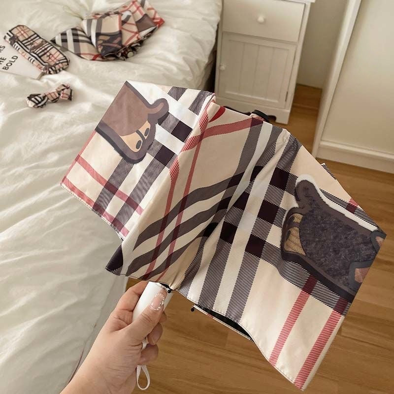 【#A536】Auto Open Close Folding Sun Rain Umbrella Cute Bear Bow Plaid Print Black Coating Windproof Portable Ladies Travel Parasol