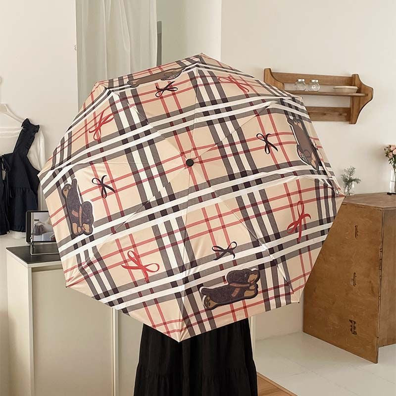 【#A536】Auto Open Close Folding Sun Rain Umbrella Cute Bear Bow Plaid Print Black Coating Windproof Portable Ladies Travel Parasol