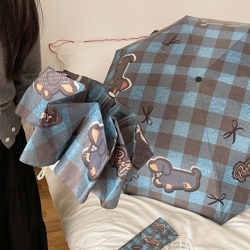 【#A537】Auto Open Close Folding Sun Rain Umbrella Cute Dachshund Puppy Blue Plaid Print Black Coating Windproof Portable Ladies Travel Parasol