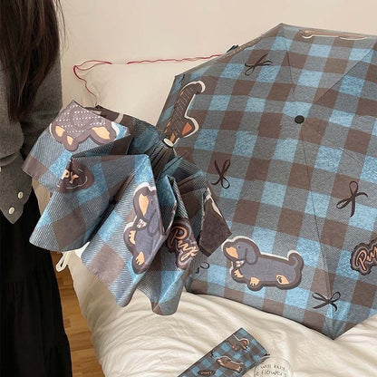 【#A537】Auto Open Close Folding Sun Rain Umbrella Cute Dachshund Puppy Blue Plaid Print Black Coating Windproof Portable Ladies Travel Parasol
