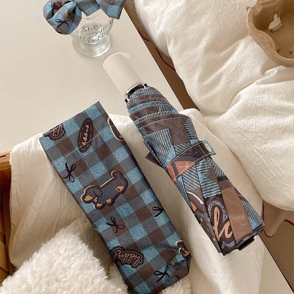 【#A537】Auto Open Close Folding Sun Rain Umbrella Cute Dachshund Puppy Blue Plaid Print Black Coating Windproof Portable Ladies Travel Parasol