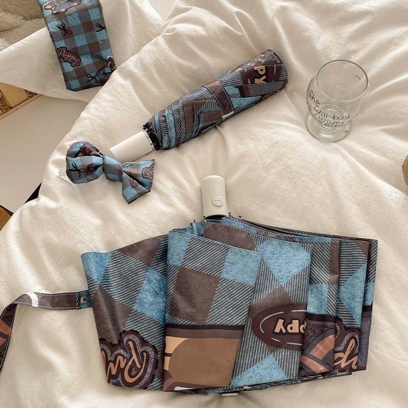 【#A537】Auto Open Close Folding Sun Rain Umbrella Cute Dachshund Puppy Blue Plaid Print Black Coating Windproof Portable Ladies Travel Parasol