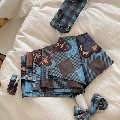 【#A537】Auto Open Close Folding Sun Rain Umbrella Cute Dachshund Puppy Blue Plaid Print Black Coating Windproof Portable Ladies Travel Parasol