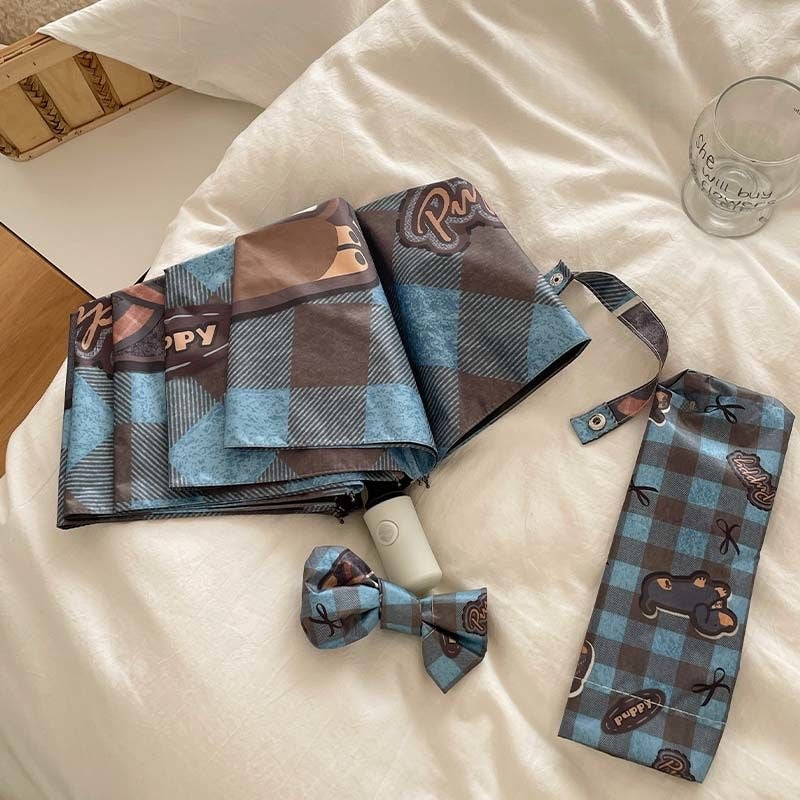 【#A537】Auto Open Close Folding Sun Rain Umbrella Cute Dachshund Puppy Blue Plaid Print Black Coating Windproof Portable Ladies Travel Parasol