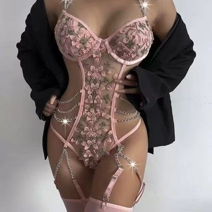 【#A540】Sheer Mesh Floral Embroidery Bodysuit Chain Cutout Garter Lingerie Set For Women
