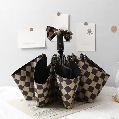 【#A541】Vintage Checkerboard Automatic Fold UV Protection Umbrella Windproof Travel Sun Rain Parasol