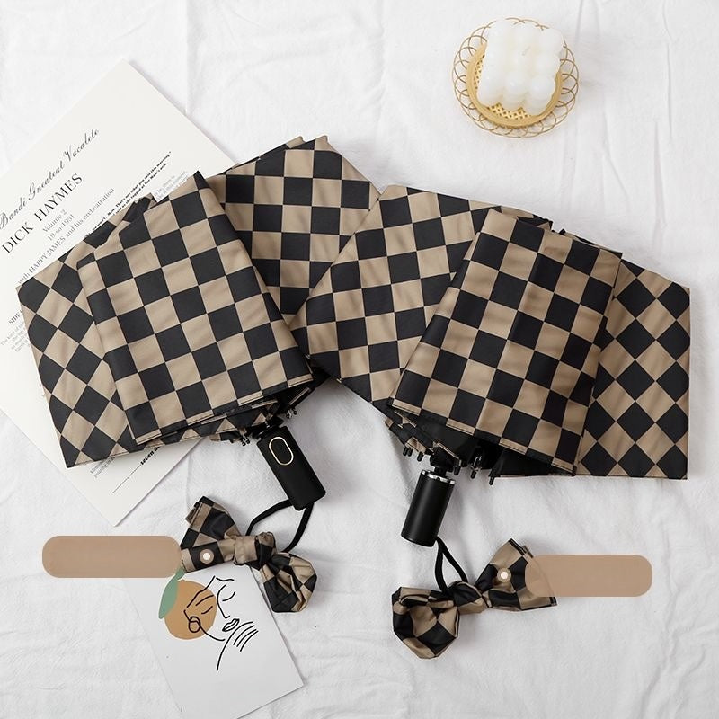 【#A541】Vintage Checkerboard Automatic Fold UV Protection Umbrella Windproof Travel Sun Rain Parasol