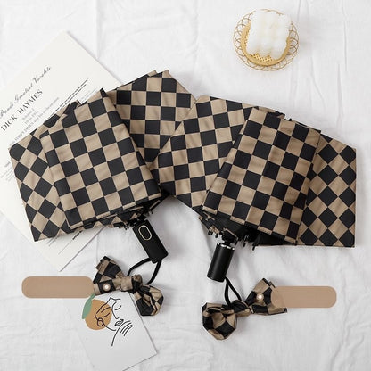 【#A541】Vintage Checkerboard Automatic Fold UV Protection Umbrella Windproof Travel Sun Rain Parasol