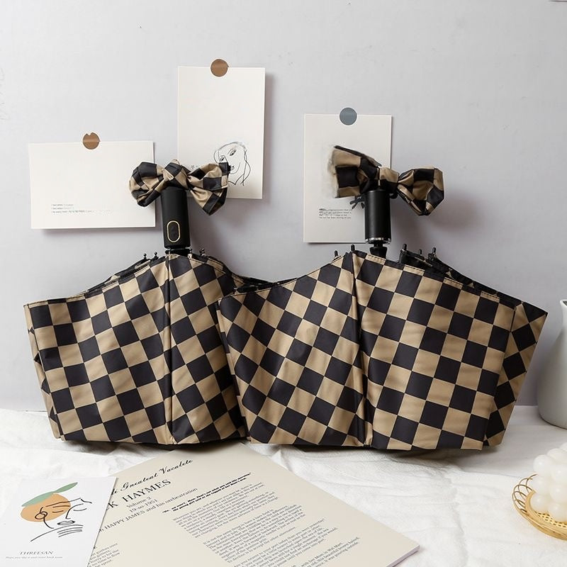 【#A541】Vintage Checkerboard Automatic Fold UV Protection Umbrella Windproof Travel Sun Rain Parasol