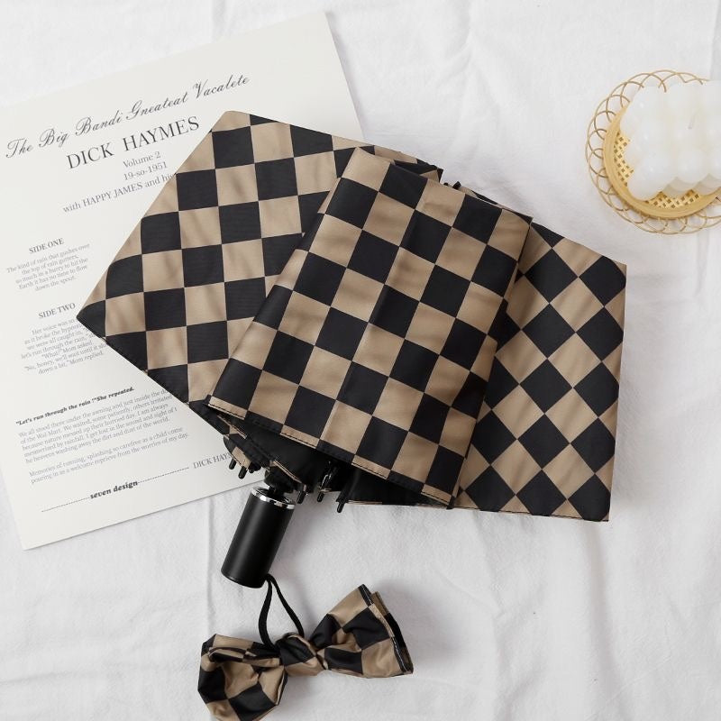 【#A541】Vintage Checkerboard Automatic Fold UV Protection Umbrella Windproof Travel Sun Rain Parasol