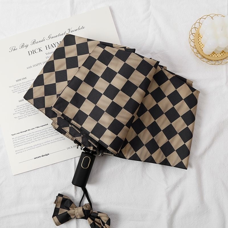 【#A541】Vintage Checkerboard Automatic Fold UV Protection Umbrella Windproof Travel Sun Rain Parasol