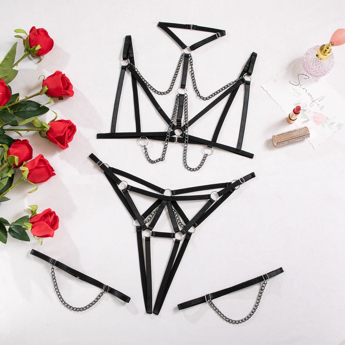 【#A544】3 Piece Metal Chain Body Harness Lingerie Set Adjustable Strap Cutout Body Belt Thigh Straps Punk Intimate Outfit