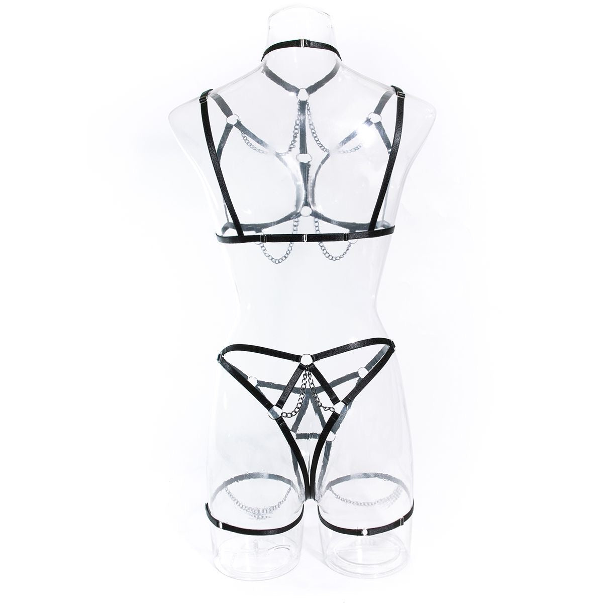 【#A544】3 Piece Metal Chain Body Harness Lingerie Set Adjustable Strap Cutout Body Belt Thigh Straps Punk Intimate Outfit
