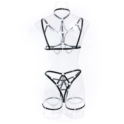 【#A544】3 Piece Metal Chain Body Harness Lingerie Set Adjustable Strap Cutout Body Belt Thigh Straps Punk Intimate Outfit