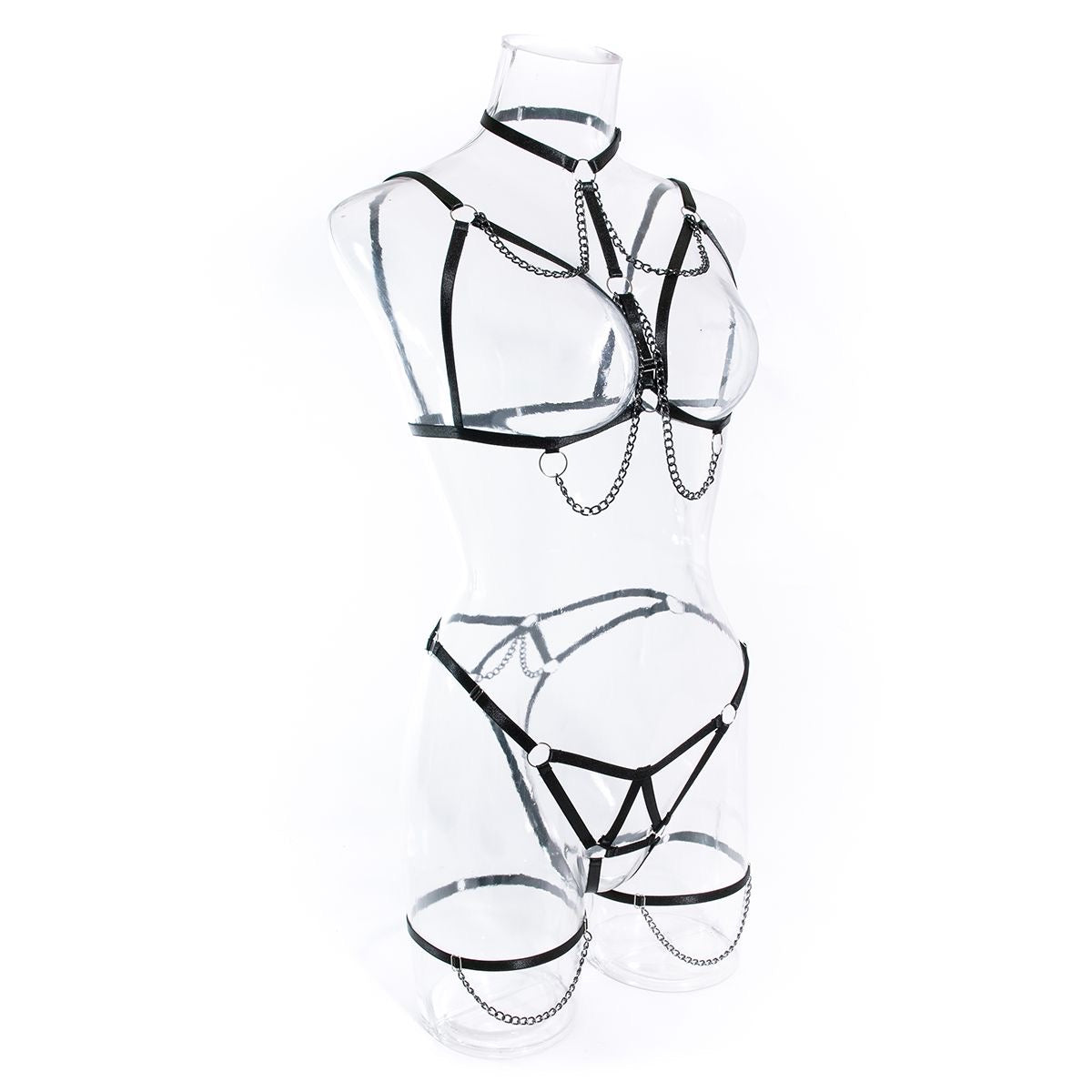 【#A544】3 Piece Metal Chain Body Harness Lingerie Set Adjustable Strap Cutout Body Belt Thigh Straps Punk Intimate Outfit