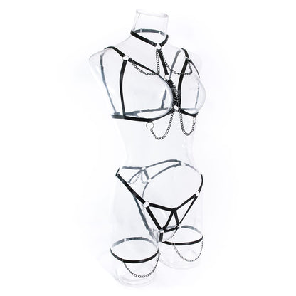 【#A544】3 Piece Metal Chain Body Harness Lingerie Set Adjustable Strap Cutout Body Belt Thigh Straps Punk Intimate Outfit