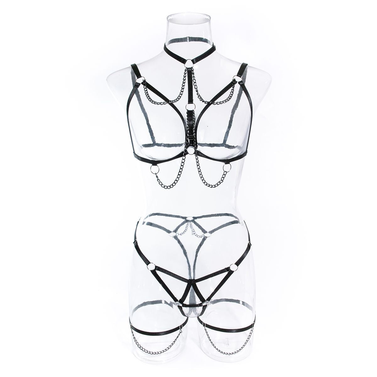 【#A544】3 Piece Metal Chain Body Harness Lingerie Set Adjustable Strap Cutout Body Belt Thigh Straps Punk Intimate Outfit