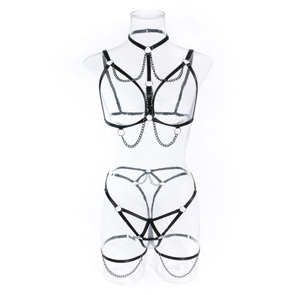 【#A544】3 Piece Metal Chain Body Harness Lingerie Set Adjustable Strap Cutout Body Belt Thigh Straps Punk Intimate Outfit