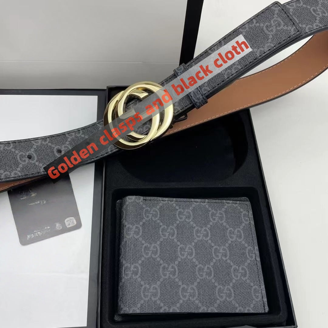 【#A546】Men Vintage Printed Belt Wallet Gift Box Set, Dark Gray Full Pattern Shiny Silver Metal Interlock Buckle Business Waist Strap & Bifold Purse 2Pcs Combo