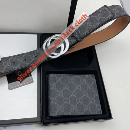 【#A546】Men Vintage Printed Belt Wallet Gift Box Set, Dark Gray Full Pattern Shiny Silver Metal Interlock Buckle Business Waist Strap & Bifold Purse 2Pcs Combo