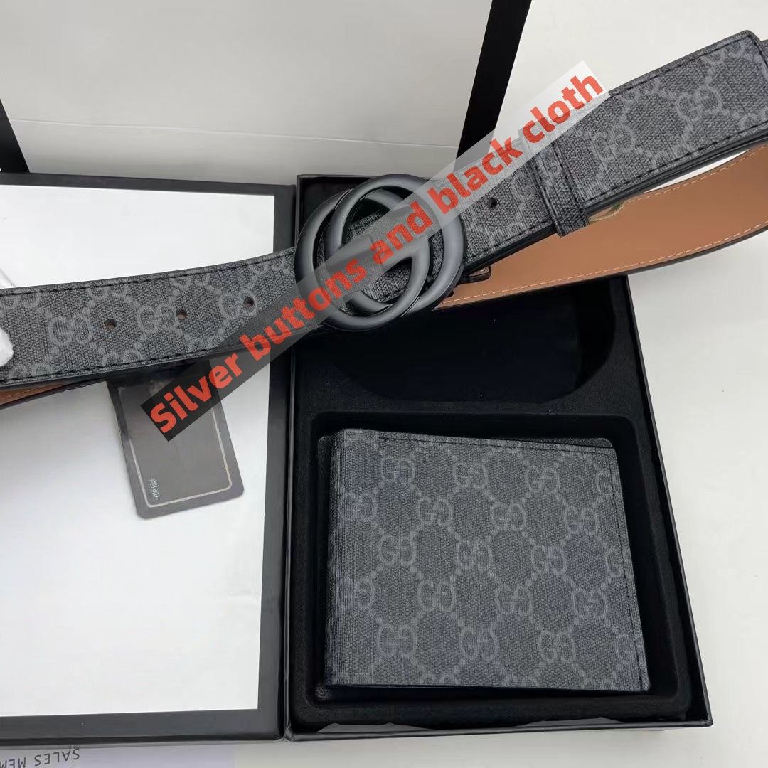 【#A546】Men Vintage Printed Belt Wallet Gift Box Set, Dark Gray Full Pattern Shiny Silver Metal Interlock Buckle Business Waist Strap & Bifold Purse 2Pcs Combo
