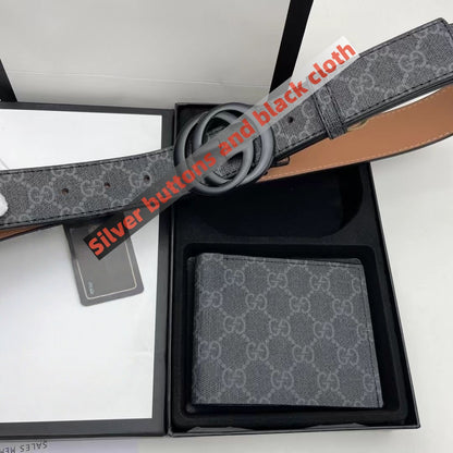 【#A546】Men Vintage Printed Belt Wallet Gift Box Set, Dark Gray Full Pattern Shiny Silver Metal Interlock Buckle Business Waist Strap & Bifold Purse 2Pcs Combo
