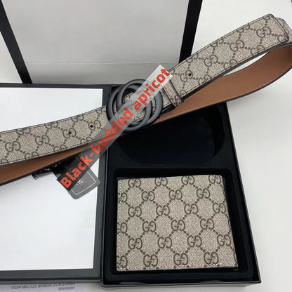 【#A546】Men Vintage Printed Belt Wallet Gift Box Set, Dark Gray Full Pattern Shiny Silver Metal Interlock Buckle Business Waist Strap & Bifold Purse 2Pcs Combo