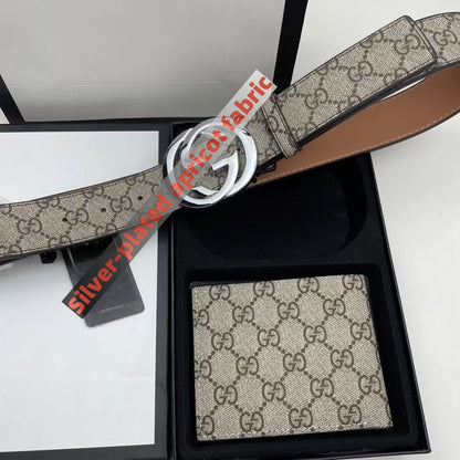 【#A546】Men Vintage Printed Belt Wallet Gift Box Set, Dark Gray Full Pattern Shiny Silver Metal Interlock Buckle Business Waist Strap & Bifold Purse 2Pcs Combo